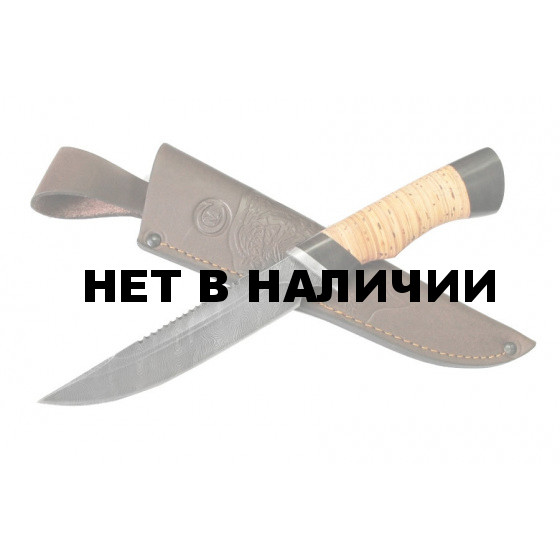Нож складной Ворсма Осетр, дамасская сталь, береста, граб, дюраль (кузница Семина)
