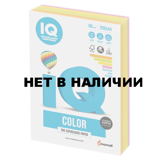 Бумага цветная для принтера IQ Color А4, 80 г/м2, 200 листов, 4 цвета, RB04