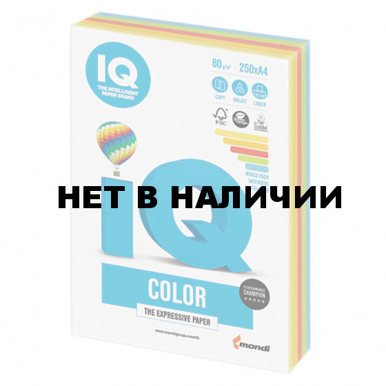 Бумага цветная для принтера IQ Color А4, 80 г/м2, 250 листов, 5 цветов, RB02