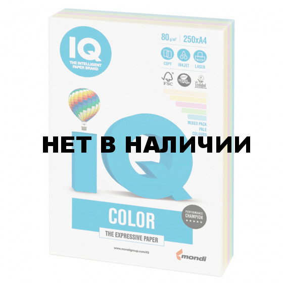 Бумага цветная для принтера IQ Color А4, 80 г/м2, 250 листов, 5 цветов, RB01