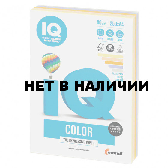 Бумага цветная для принтера IQ Color А4, 80 г/м2, 250 листов, 5 цветов, RB03