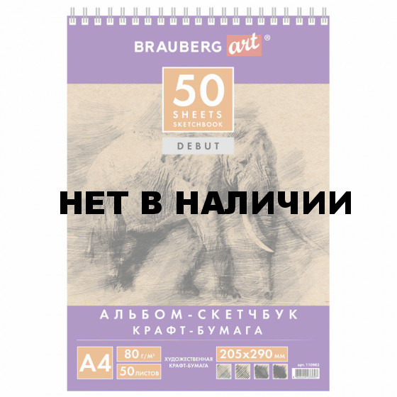 Скетчбук 205х290 мм Brauberg Art Debut 50 листов, 80 г/м2, крафт бумага 110982