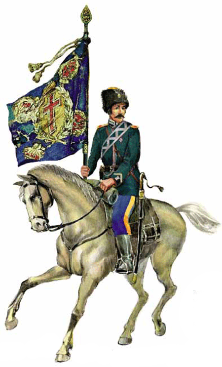 Забайкальский казак со знаменем 1-го Аргунского полка Забайкальского казачьего войска. Конец XIX века.