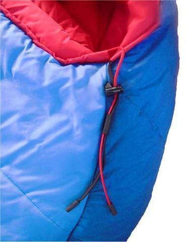 Затяжки капюшона - плоский шнур затягивает верх капюшона, а круглый - низ. Разная форма позволяет определить нужную затяжку на ощупь. Пластиковый крючок фиксирует затяжку на внешней стороне капюшона. Высокотехнологичный спальник для низких температур Alexika Glacier