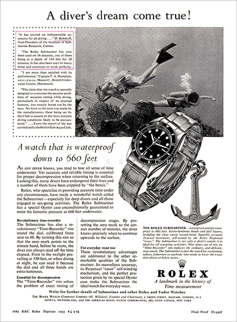 Реклама модели Rolex Submariner, 1955 год