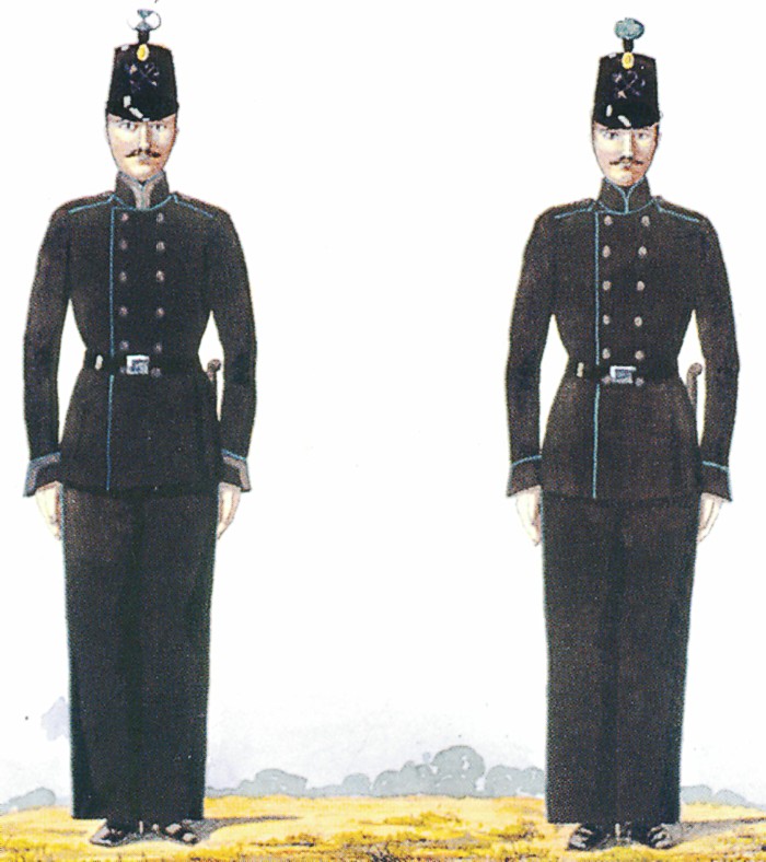 Обмундирование нижних чинов военно-рабочих рот путей сообщения (слева – унтер-офицер, справа - рядовой), 1855 г.