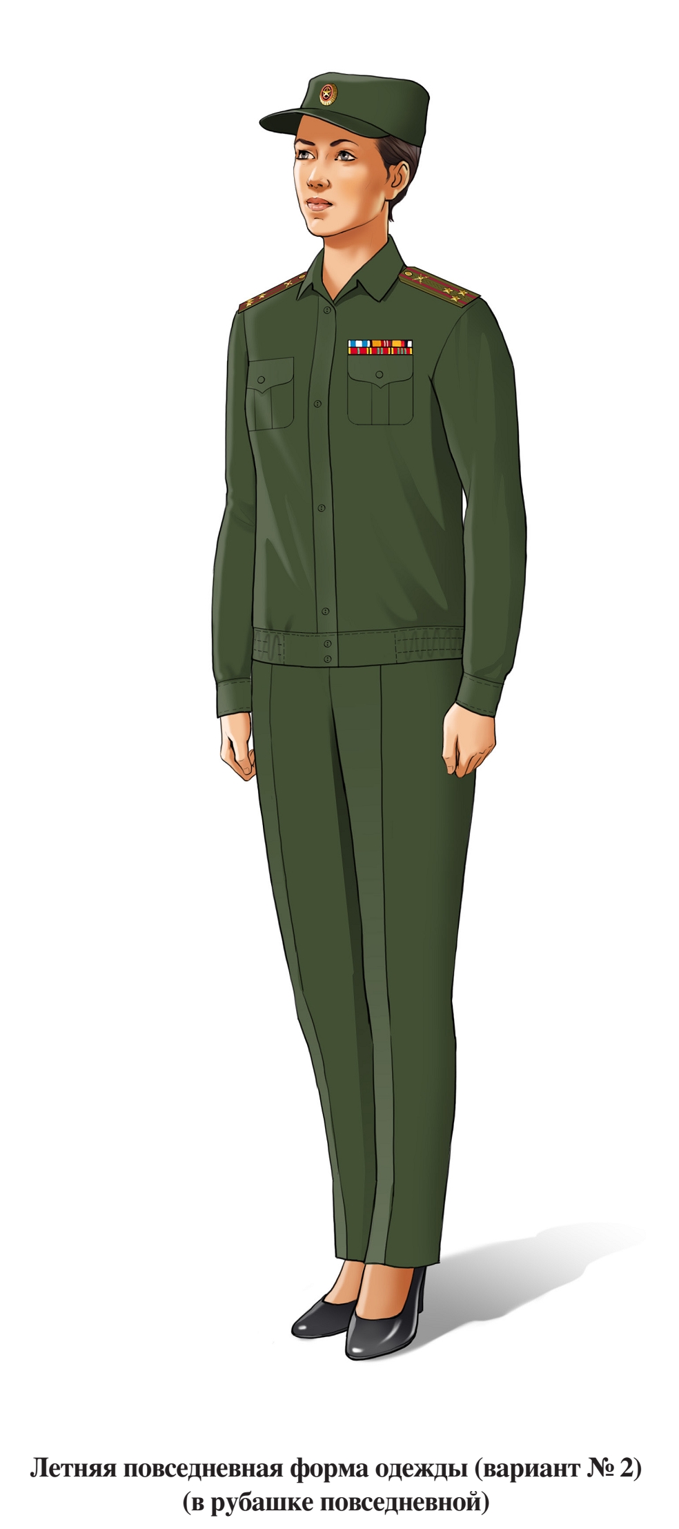 Летняя повседневная форма военнослужащих женского пола, в брюках и рубашке с длинным рукавом