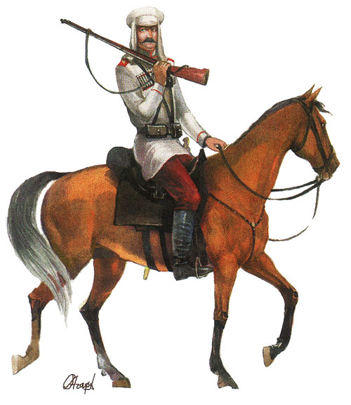 На реконструкции 10 изображен сибирский казак в Кокандском походе. Голова его защищена фуражкой с белым полотняным чехлом и назатыльником. Он одет в 