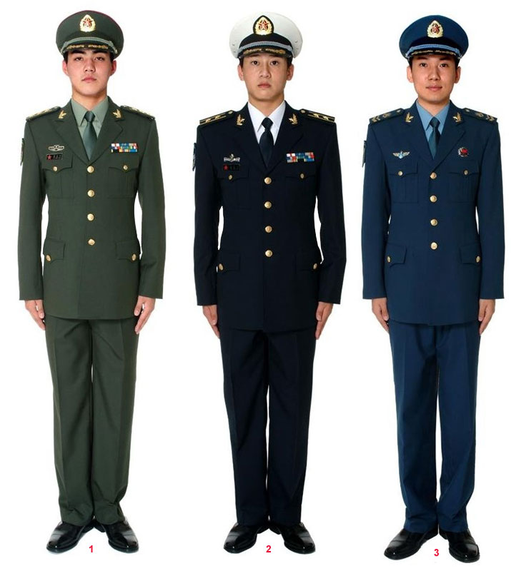 
 <strong> <p> Повседневная униформа офицеров Народно-Освободительной армии Китая:</strong> <br /> 
 <strong> 1</strong> - сухопутные войска;<br /> 
 <strong> 2</strong> - военно-морские силы;<br /> 
 <strong> 3</strong> - военно-воздушные силы.