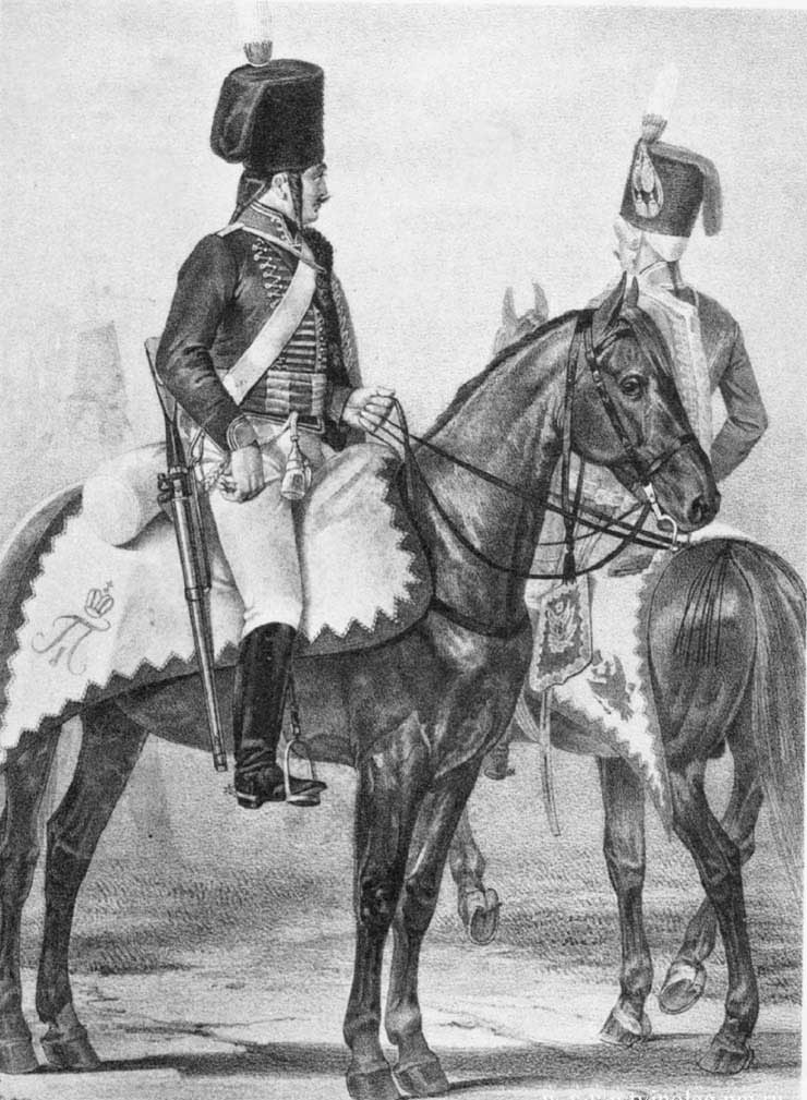 Униформа рядового (слева) и офицера Павлоградского гусарского полка, 1797-1798 годы.