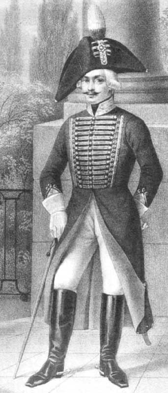 Офицер Ахтырского гусарского полка в венгерке и кавалерийской шляпе, 1797-1801 годы.