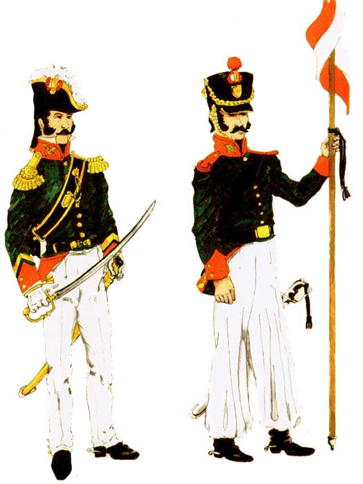Полковник (слева) и солдат уланского полка Куско (Regimiento Lanceros del Cusco), 1830 год