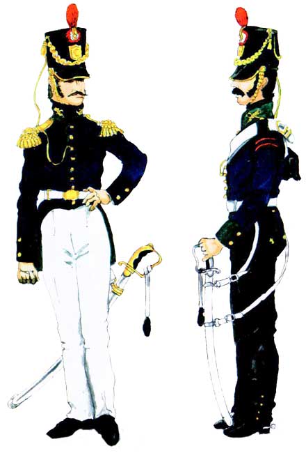 Офицер (слева) и второй сержант (Escuadrón Quías deí Callao) эскадрона Каллао, 1835 год