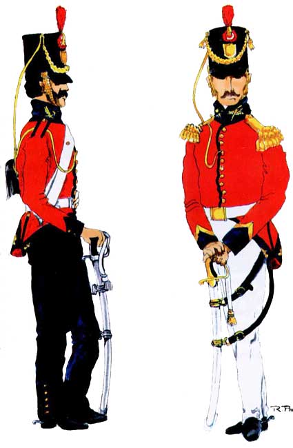 униформа солдат (слева) и офицеров уланского эскадрона Арекипа (Escuadrón Lanceros de Arequipa), 1835 год