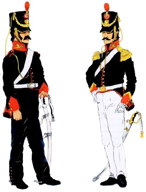 Солдат (слева) и офицер эскадрона казадорес «Свобода» (Escuadrón de Cazadores de la Libertad), 1835 год