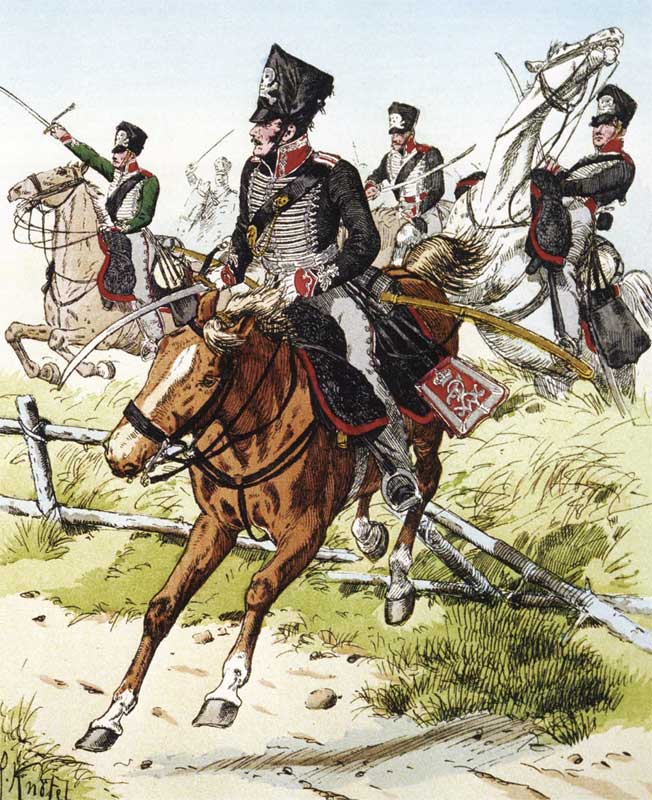 Конный егерь-доброволец, офицер и гусар 2-го лейб-гвардейского гусарского полка, 1813 год