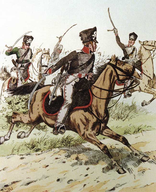 Конный егерь-доброволец, офицер и гусар 1-го лейб-гвардейского гусарского полка, 1813 год