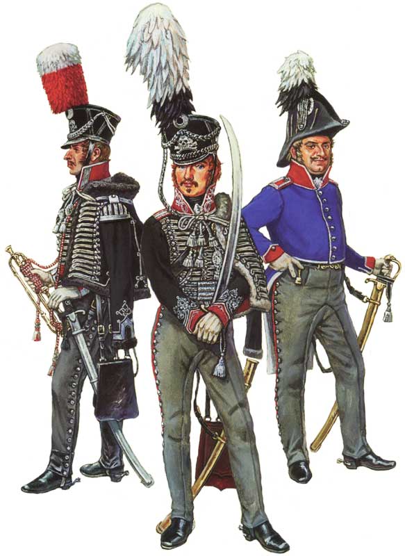 Слева - трубач лейб-гусарского полка в парадной униформе, по центру - лейтенант 1-го лейб-гусарского полка в парадной униформе, справа - штаб-офицер 2-го лейб-гусарского полка в вицмундире, 1812-1814 годы