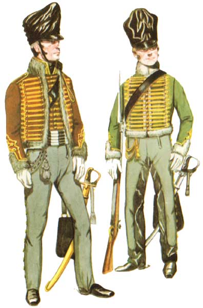 Униформа офицера (слева) 4 прусского гусарского полка (1-го Силезского) и рядового 6 прусского гусарского полка (2-го Силезского), битва при Ватерлоо, 1815 год
