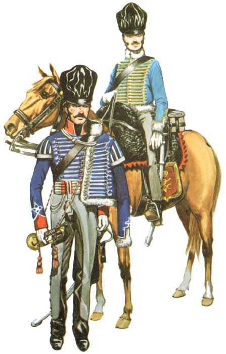 Униформа трубача 3-го гусарского (Бранденбургского) полка (слева) и рядового 9-го гусарского полка (справа), битва при Ватерлоо, 1815 год