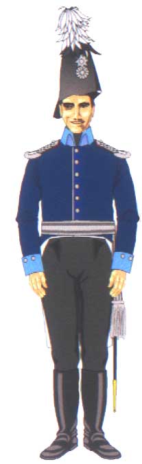 офицер Восточно-Прусского кирасирского полка в синем ляброке и шляпе, 1813 год