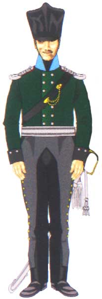 офицер свободных охотников (егерей-добровольцев) Восточно-Прусского кирасирского полка в зеленом коллете, 1813 год